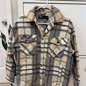 Zara Beige and Gray Plaid Shirt Jacket XS
